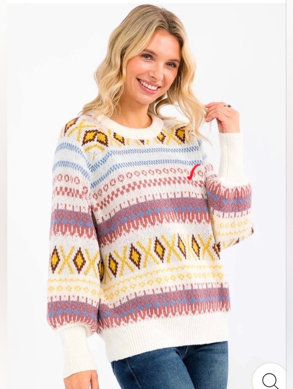 Vine & Love Cream Fair Isle Knit Sweater Mustard Brown Blue NWT - Sizes S M L